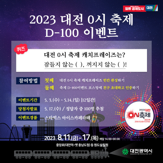 대전시는 8월 열리는 '대전 0시 축제' D-100일을 맞아 3-12일까지 특별 SNS이벤트를 진행한다.사진=대전시 제공