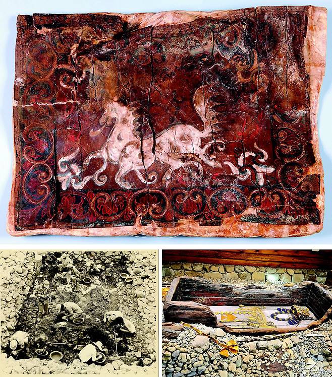 1973년 천마총 부장품 수장궤에서 발견된 천마도(위 사진). 자작나무 껍질에 그려졌으며 신령한 말이 구름 사이를 헤엄치는 듯한 
느낌을 준다. 천마총 발굴은 사진과 실측도, 발굴 일지 등이 체계적으로 기록된 한국 최초의 과학적 발굴로 꼽힌다. 아래 왼쪽 
사진은 천마총 발굴 당시 봉토를 걷어내고 매장주체부를 조사하는 모습. 아래 오른쪽 사진은 전시관으로 활용되고 있는 천마총 내부. 
국립경주문화재연구소 제공·동아일보DB