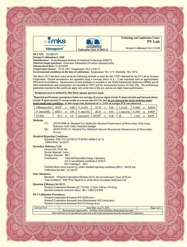 한국화학연구원이 개발한 대면적 페로브스카이트 태양전지 셀 효율 인증서. / 사진=한국화학연구원