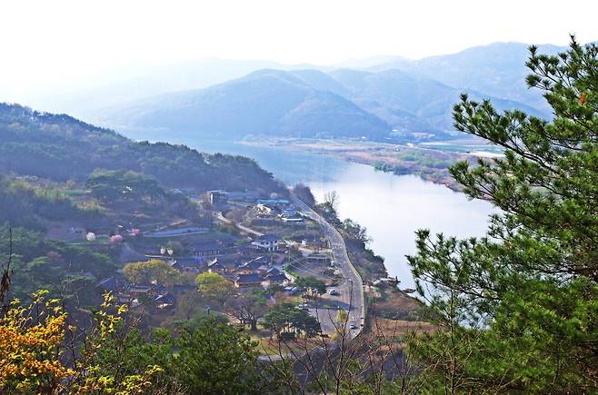 다람재 정상 정자에서 본 낙동강과 도동리 마을. 사진 왼쪽 아래 기와집들이 도동서원이다. 사진 아래 가운데 부분에 도동서원 앞뜰에 있는 400년 넘은 은행나무가 보인다.