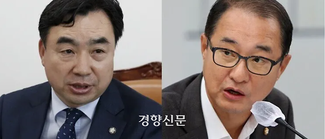 윤관석·이성만 더불어민주당 의원(왼쪽부터)이 3일 국회에서 자진 탈당을 선언했다. 경향신문 자료사진·연합뉴스