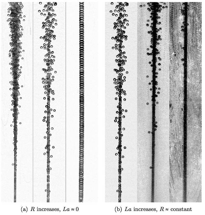 샴페인 기포의 일렬 상승 원인. (a) 오른쪽으로 갈수록 기포가 커지고, 일렬로 안정되게 상승했다. (b) 기포 크기가 같은 상태에서 오른쪽으로 갈수록 계면활성제 성분이 증가하고 역시 기포가 일렬로 상승했다./미 브라운대
