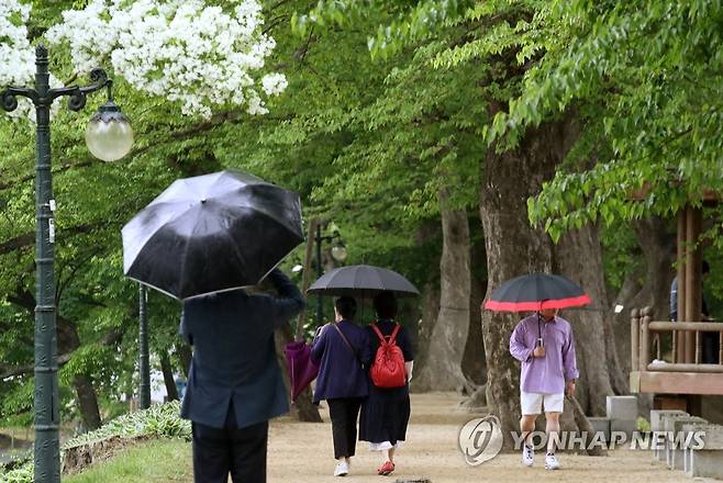 비 내리는 담양관방제림 (광주=연합뉴스) 조남수 기자 = 어린이날 연휴를 하루 앞둔 4일 전남 담양관방제림에서 시민들이 우산을 쓰고 산책하고 있다. 2023.5.4 iso64@yna.co.kr