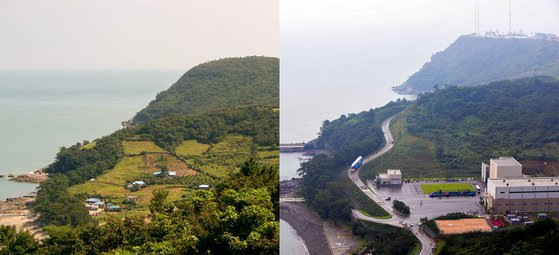 전남 고흥 나로우주센터는 옛 하반마을에 들어섰다. 왼쪽은 마을 이주 전 하반마을 모습과 오른쪽은 우주센터가 들어선 현재의 모습. 프리랜서 장정필, 사진 고흥군