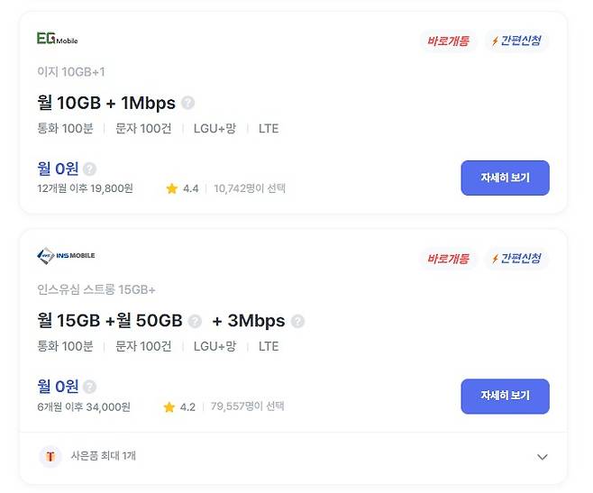 중소 알뜰폰 업체들도 무약정 '0원 요금제' 등을 선보이며 치열한 마케팅 경쟁을 벌이고 있다.(모요 서비스 화면 갈무리)