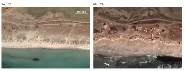 지난 2월까지만 해도 군사시설이 전무했던 크림반도 서부 비티노 해안(왼쪽 사진)에 지난달 러시아군이 건설한 참호와 군사 시설이 들어서 있다(오른쪽). 워싱턴포스트 홈페이지 캡처