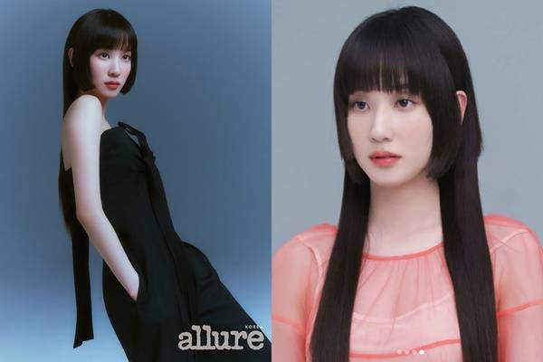 박은빈은 양 볼을 감싸듯 떨어지는 두껍게 자른 히메컷으로 시선을 사로잡았다. /사진='얼루어' 제공