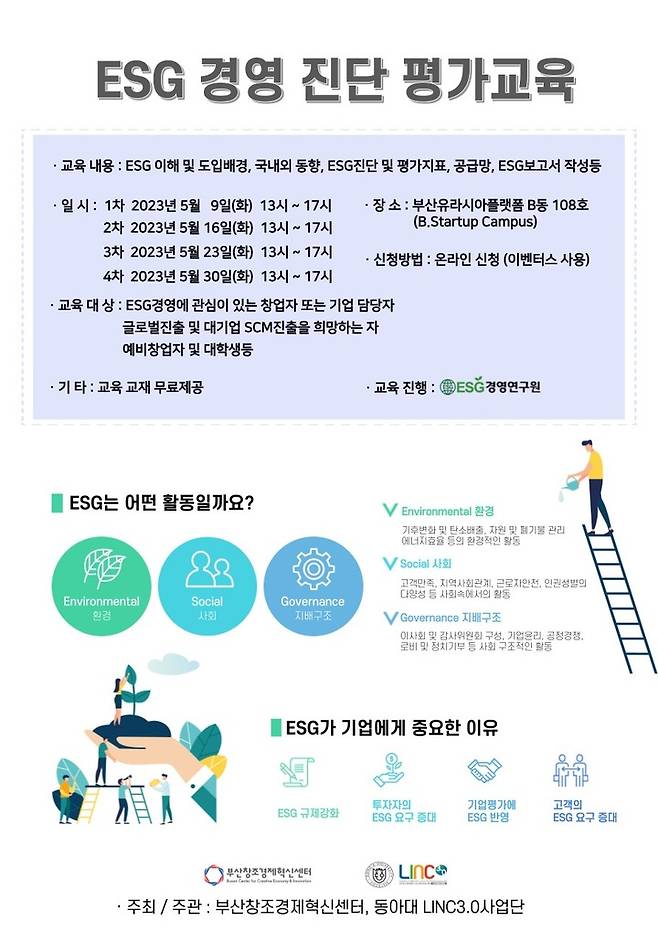 [부산=뉴시스] 부산창조경제혁신센터와 동아대 LINC3.0사업단이 주관하는 'ESG경영 진단평가 교육과정' 포스터 (그림=부산창조경제혁신센터 제공) *재판매 및 DB 금지