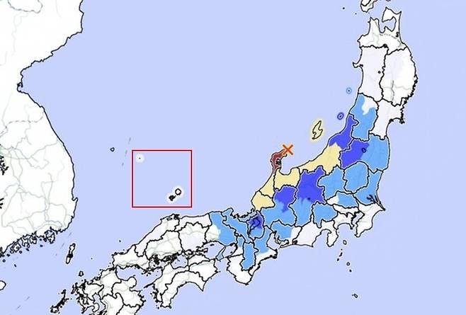 일본 기상청이 독도가 일본 땅이라는 취지로 표기한 지진 지도. 서경덕 교수 SNS 갈무리.