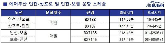 에어부산 인천~삿포로와 인천~보홀 운항 일정/에어부산 제공