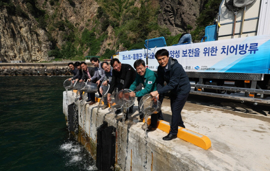 포스코와 울릉군 관계자들이 9일 울릉도 남양리 해역에 조성한 바다숲에서 생물다양성 보전을 위해 치어를 방류하고 있다. 포스코 제공