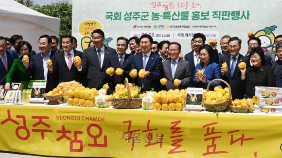 9일 국회의사당 내 ‘국회 소통관 앞마당’에서 참외를 비롯한 성주군 농.특산물의우수성을 홍보하고자 시식 및 할인판매를 하고 있다 .행사에는 국민의힘 김기현 대표와 이병환 성주군수, 국회의원(정희용(성주), 윤재옥 원내대표 등),성주군의원 8명, 이성희 농협중앙회장, 성주 관내 조합장 10명 등이 참석해 홍보를 하고 있다.2023.5.9.안주영 전문기자