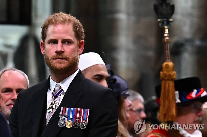 대관식 때 왕실 가족과 떨어져 혼자 서 있는 해리 왕자 [AFP 연합뉴스 자료사진. 재판매 및 DB 금지]