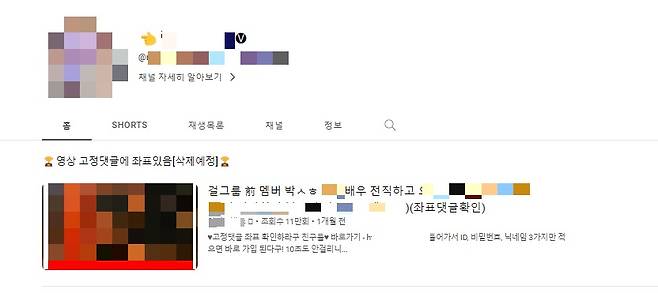 유튜브에서 유통 중인 음란물 사이트로 안내하는 게 목적인 영상들. 주로 인기 급상승 동영상, 구독자가 많은 영상의 '댓글'에 본인 프로필을 눌러보라 유도한다.  해당 프로필로 접속하면 뜨는 동영상들은 본인들 사이트에 유명 걸그룹 출신 멤버의 불법 촬영 동영상이 있다고 홍보한다. (유튜브 갈무리)