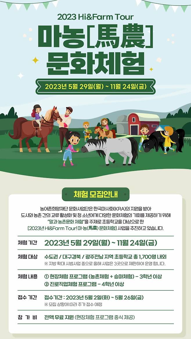 KRA와 함께하는 농어촌희망재단(이사장 정학수)이 “2023년 Hi&Farm Tour! 마·농문화체험”에 참여할 학교를 모집하고 있다.