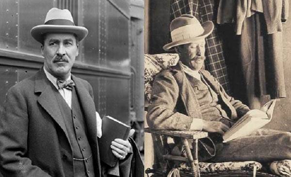 왕릉 발굴의 저주와 관련해 자주 거론되는 사례는 1922년 11월부터 발굴된 투탕카멘의 무덤이다. 이 발굴을 후원한 조지 허버트 경(오른쪽)이 면도를 하다가 모기에 물린 상처를 잘못 건드리는 바람에 패혈증으로 사망하자 갖가지 억측이 난무했다. 왼쪽은 하워드 카터 / 위키백과