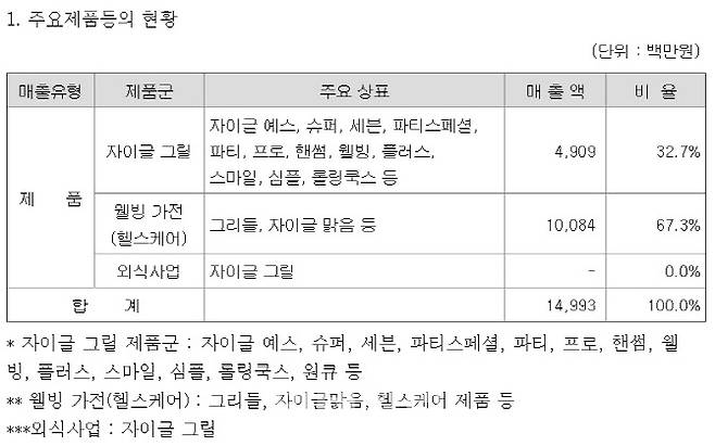 자이글 주요제품 현황. (자료=금융감독원 전자공시시스템)