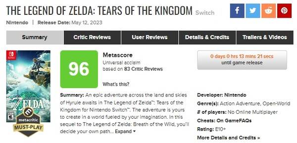 - 5월 11일 오후 11시 50분 기준 티어스 오브 더 킹덤 메타스코어 '96점'