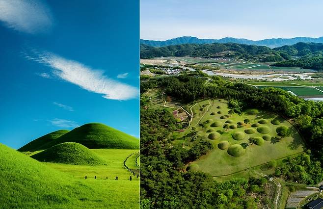 경남 고성의 송학동고분군(왼쪽)과 경남 합천의 옥전고분군. 문화재청 제공