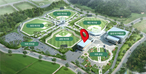 A computer-generated image shows a birds-eye view of the Gijang KBO-Baseball Center with the new baseball museum.  [KBO]