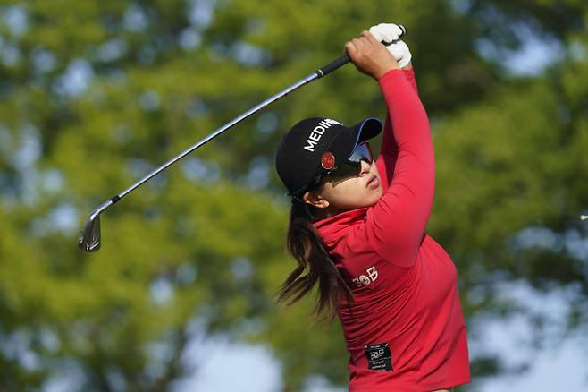 김세영이 12일 열린 LPGA 투어 코그니전트 파운더스 컵 1라운드에서 아이언 티 샷을 하고 있다.(사진=AP/뉴시스)