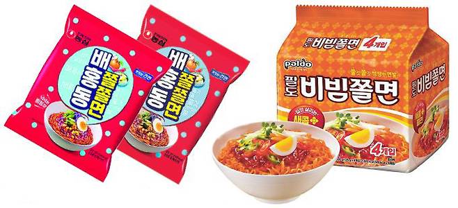 농심 ‘배홍동 쫄쫄면’(왼쪽)과 팔도 ‘비빔쫄면’ [각 사 제공]