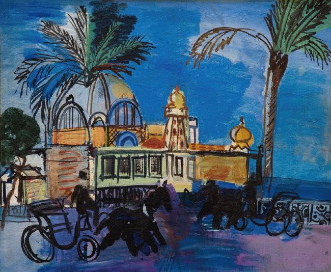 ‘니스 부둣가 산책로의 카지노 앞을 지나는 두 대의 마차’(1926, 38×45㎝). [니스시립미술관]