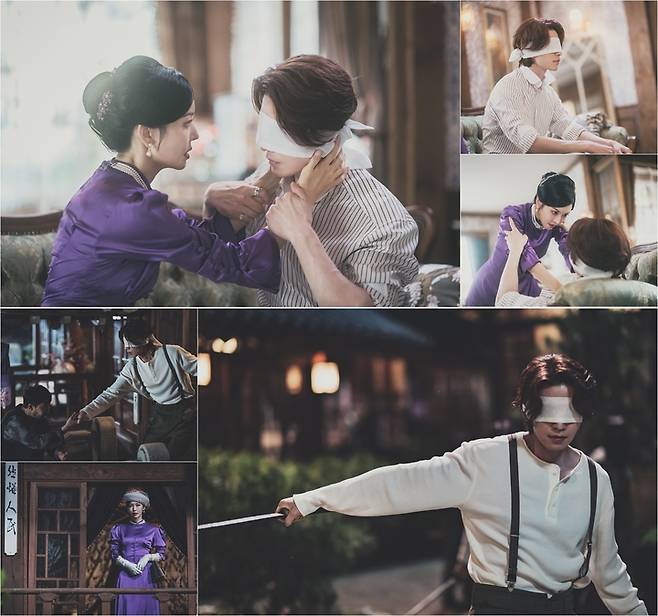 [서울=뉴시스] tvN 토일드라마 '구미호뎐1938' 측은 이연(이동욱)과 류홍주(김소연)의 아슬아슬 텐션이 담긴 사진을 공개했다. (사진=tvN 제공)  2023.05.13. photo@newsis.com *재판매 및 DB 금지 *재판매 및 DB 금지