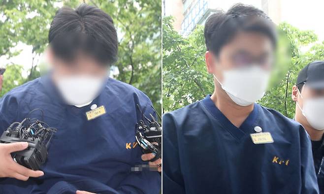 라덕연 투자자문업체 대표 측근 프로골퍼 출신 안모씨(왼쪽)과 투자컨설팅대표 변모씨가 12일 서울 양천구 서울남부지방법에서 열리는 구속 전 피의자심문(영장실질심사)에 출석하고 있다. 뉴스1