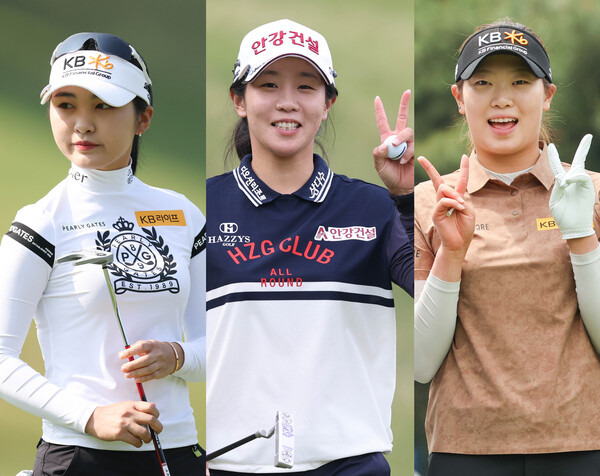 2023년 한국여자프로골프(KLPGA) 투어 NH투자증권 레이디스 챔피언십 우승을 차지한 임진희 프로(가운데), 그리고 챔피언조에서 동반 경기한 이예원, 방신실 프로. 사진제공=KLPGA