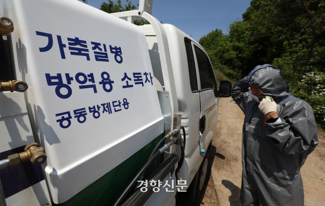 지난 11일 방역당국 관계자들이 구제역이 발생한 한우 농장 인근 방역초소 앞에서 소독약 분사를 준비를 하고 있다. 권도현 기자