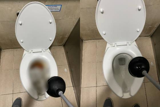 강한 모자이크조차 뚫고 나오는, 변기를 꽉 막히게 한 배변을 깨끗하게 뚫어내었다./사진=종로3가역 화장실 전투에서 승리한 남형도 기자
