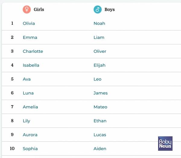 2023년 현재 기준 미국 내에서 가장 인기 있는 아기 이름들. ⓒ미국 Baby Center