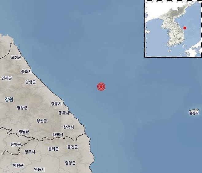15일 오전 6시 27분 36초쯤 강원 동해시 북동쪽 59km 해역에서 규모 4.5의 지진이 발생했다고 기상청이 밝혔다. 사진은 기상청 지진 발생지 안내 그래픽.(기상청 제공) 2023.5.15/뉴스1 /사진=뉴스1