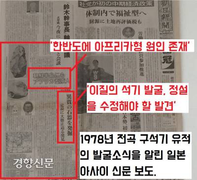 1978년 경기 연천 전곡리에서 전기구석기 유적이 확인되자 대대적으로 보도한 일본 아사히 신문.
