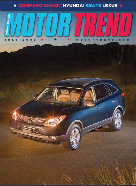 미국의 권위 있는 자동차 전문지인 'Motor Trend'의 2007년 7월호의 표지. 현대차의 고급 SUV 모델인 베라크루즈(Veracruz)가 렉서스의 고급 SUV 모델인 RX350를 능가해 종합평가 1위를 차지했다는 비교 시승기를 실었다./인터넷 캡처