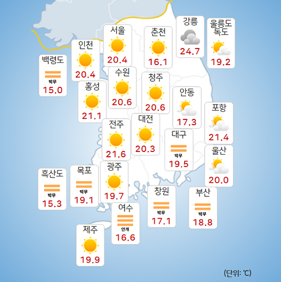 16일 오전 8시 현재 전국 날씨. [사진=기상청 날씨누리]