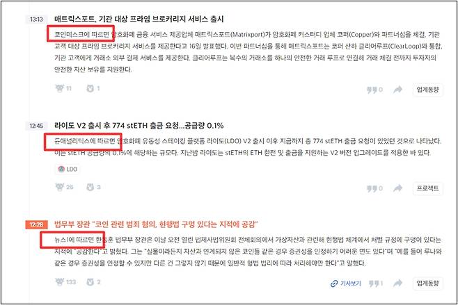 ▲코인니스 속보 콘텐츠대다수가 국내외 언론을 인용·요약한 정보라는 점이다.