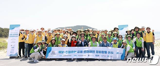 17일 보령 원산도해수욕장 소록섬 해변에서 정화활동 참가자들이 기념촬영을 하고 있다.(보령시 제공)/뉴스1