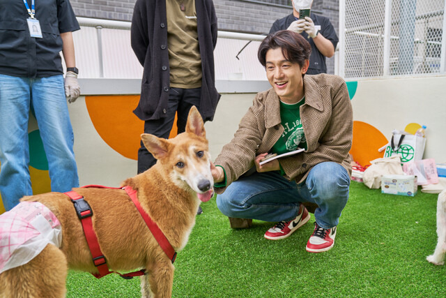 지난달 28일 서울 마포구 서교동에서 열린 ‘포인핸드 입양문화센터’ 개관식에 참석한 배우 이기우씨가 양평군 동물보호센터가 보호 중인 개를 만나고 있다. 포인핸드 제공