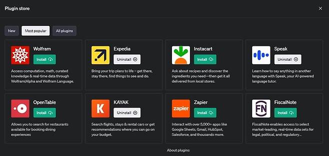 챗GPT 플러그인스토어에 입점한 다양한 플러그인. 챗GPT 화면 캡처