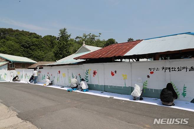 [홍성=뉴시스] 충남도립대학교건축인테리어학과와 소방안전관리학과 교수 및 학생들이 청양군 대치면 주정리 마을에 벽화를 그리고 있다.