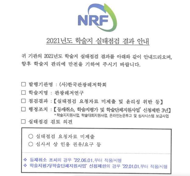 2021년 한국연구재단이 한국관광레저학회를 실태점검한 뒤 등재 취소를 통보한 공문. 관광경영학회에 ‘탈락용’ 논문을 빌려줬던 관광레저학회 역시 같은 방식으로 관광경영학회의 탈락 논문을 빌려와 자신들의 논문게재율을 맞추는 데 사용한 사실이 연구재단 실태 점검에서 확인됐다.&nbsp;