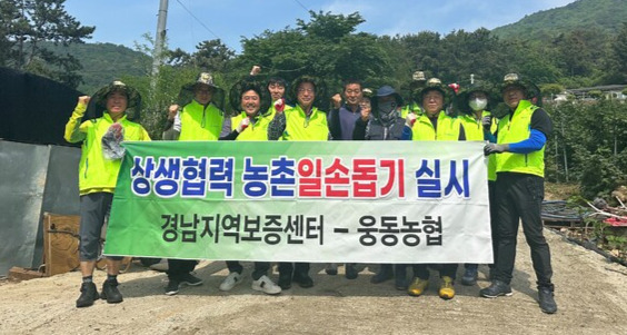 농림수산업자신용보증기금 경남지역보증센터와 창원 웅동농협 임직원이 15일 진해구 가주동 산딸기 농가를 찾아 일손돕기에 최선을 다하자고 다짐하고 있다.