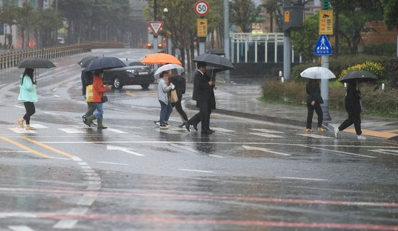 제주에 호우특보가 내려진 지난 4일 오전 제주시 노형오거리에서 우산을 든 시민들이 출근하고 있다. 연합뉴스