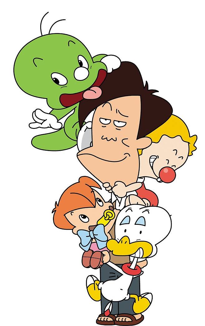 40년간 더부살이해 온 둘리 패밀리. 고길동 머리 꼭대기에 앉은 둘리부터 도우너, 희동이, 또치가 매달려있다. /둘리나라