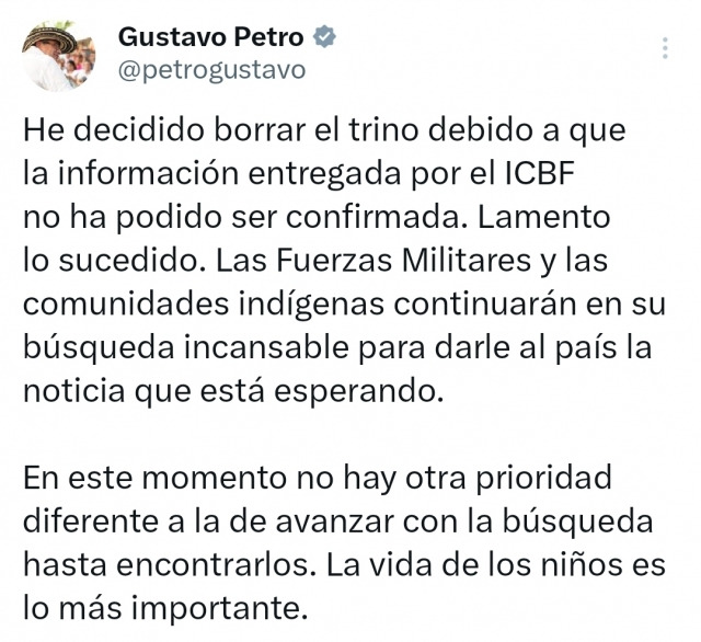 구스타보 페트로 콜롬비아 대통령이 18일 올린 트윗 삭제 설명글. 구스타보 페트로 콜롬비아 대통령 트위터 캡처