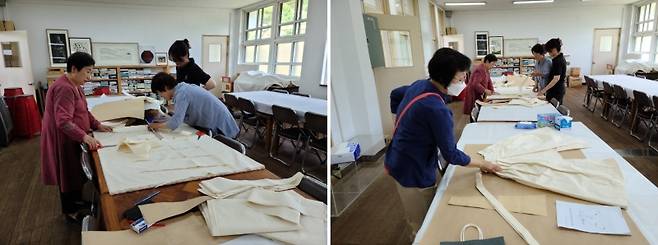 ▲‘고쟁이 학교’에 참가한 노은희 전 조선대교수 등 참가자들이 직접 천을 재단하며 자신만의 작품을 만들기에 여넘이 없다.