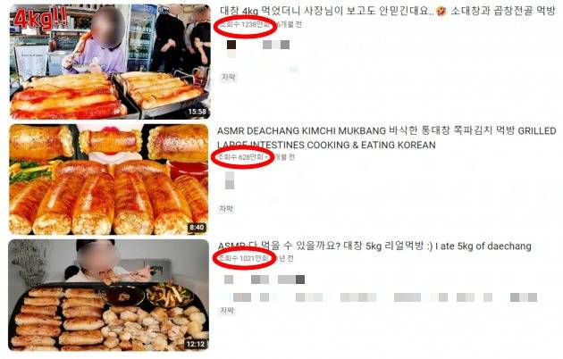 '통대창 먹방'으로 높은 조회수를 기록한 영상들. /사진=유튜브 페이지 캡처