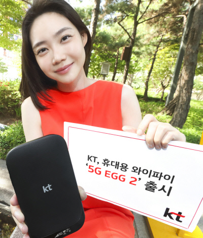 KT 모델들이 5세대 이동통신(5G)을 지원하는 휴대용 와이파이 ‘5G EGG(에그) 2’를 소개하고 있다. KT 제공
